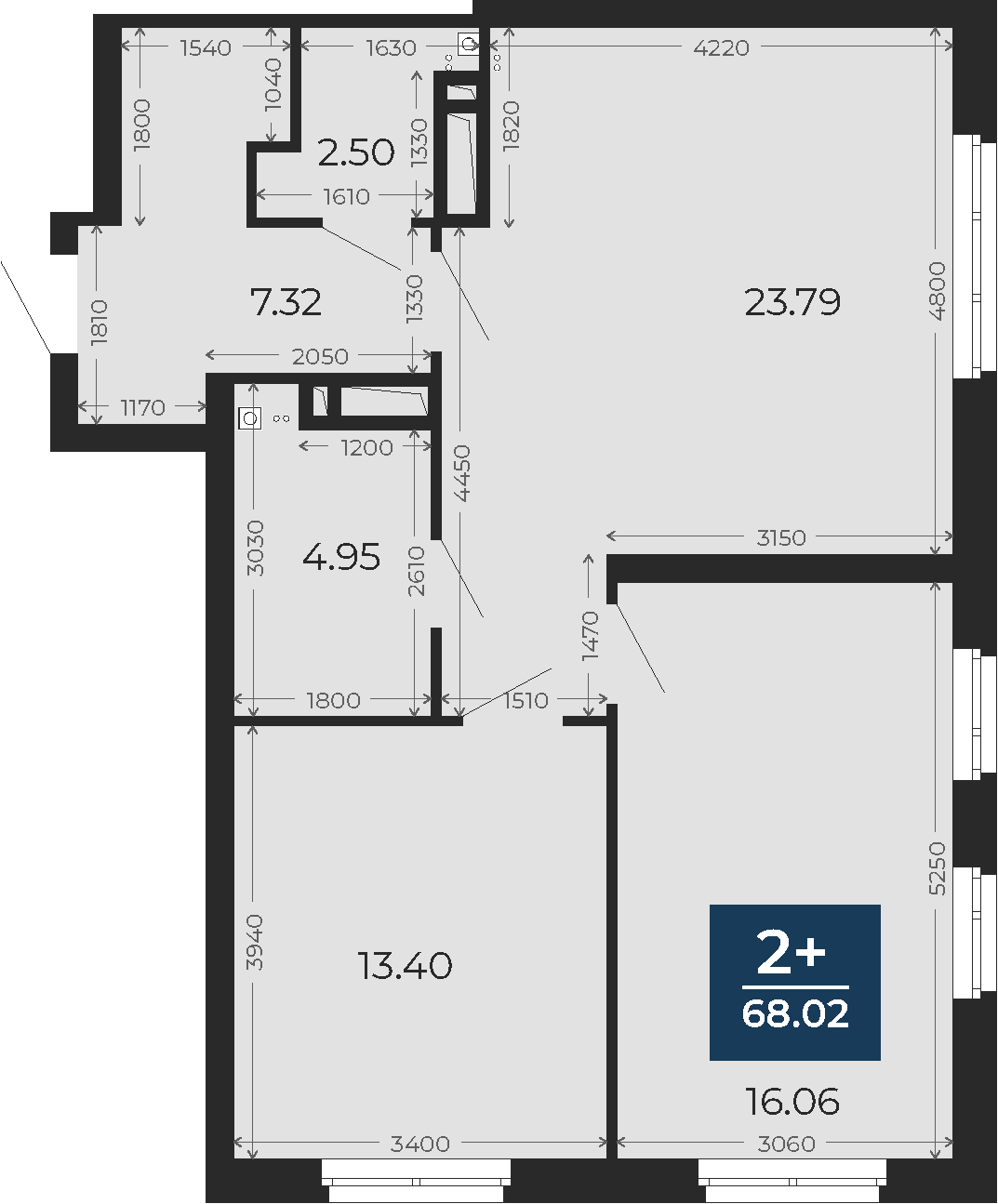 Квартира № 162, 2-комнатная, 68.02 кв. м, 13 этаж