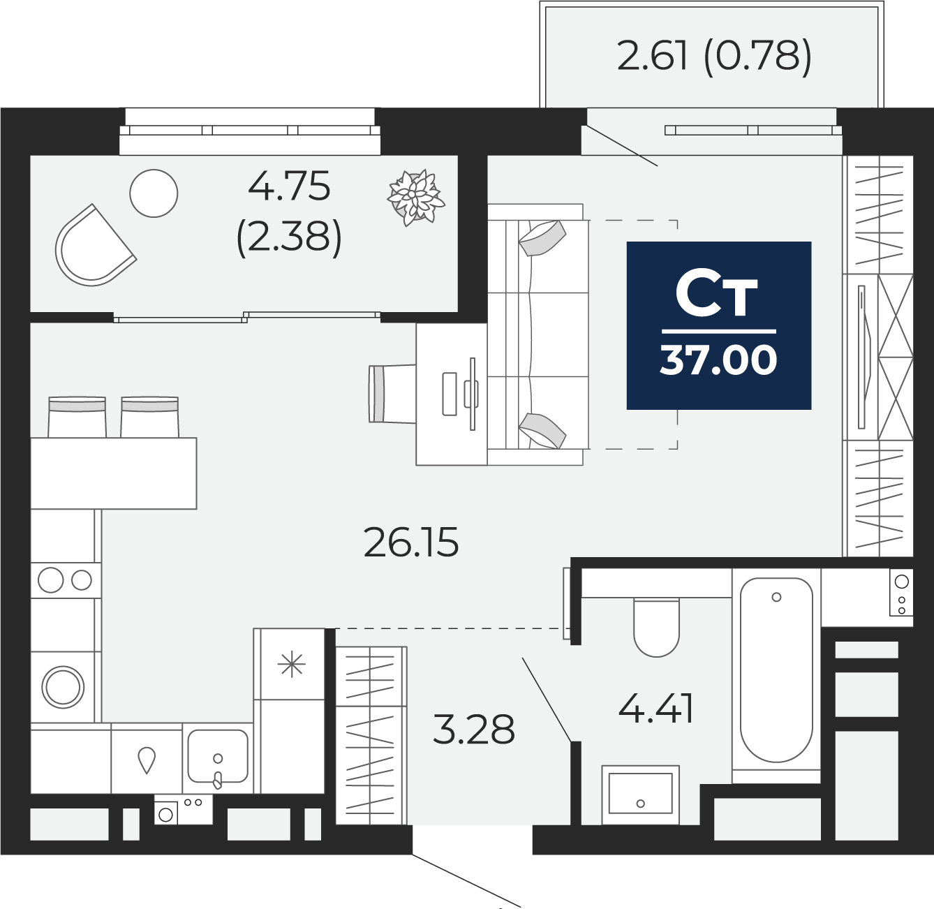 Квартира № 216, Студия, 37 кв. м, 2 этаж