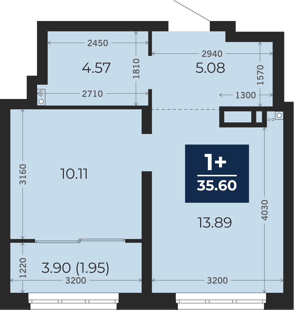 Квартира № 335, 1-комнатная, 35.6 кв. м, 16 этаж