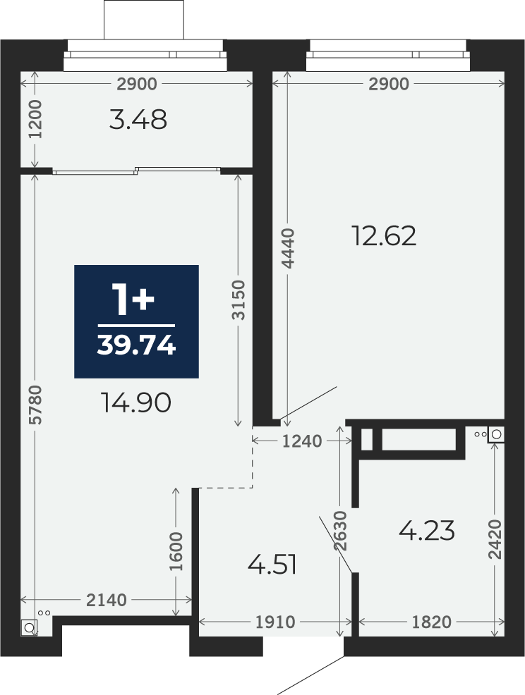 Квартира № 301, 1-комнатная, 39.74 кв. м, 20 этаж