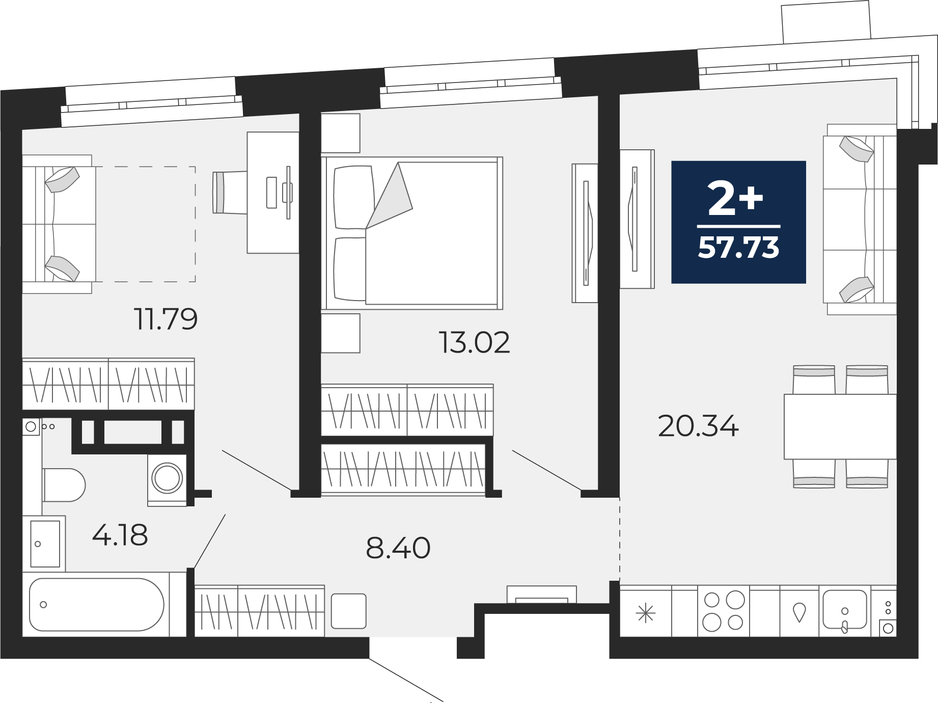 Квартира № 96, 2-комнатная, 57.73 кв. м, 13 этаж