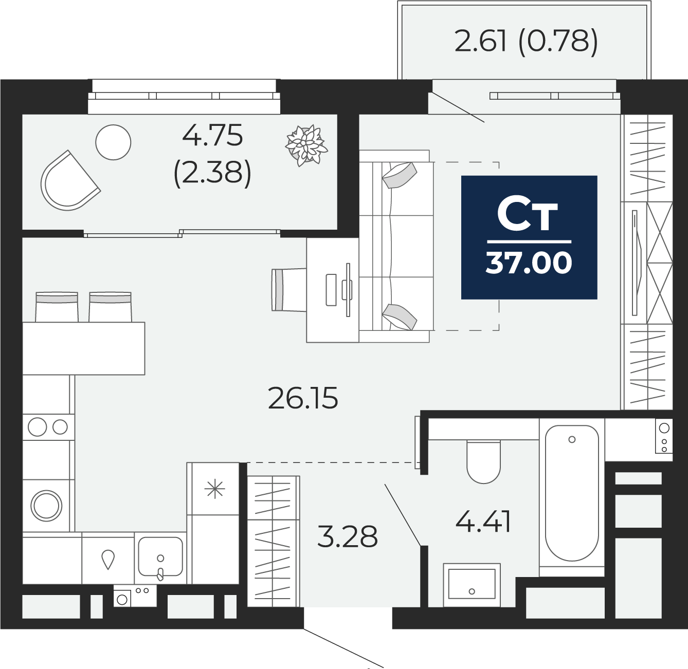 Квартира № 300, Студия, 41.2 кв. м, 14 этаж
