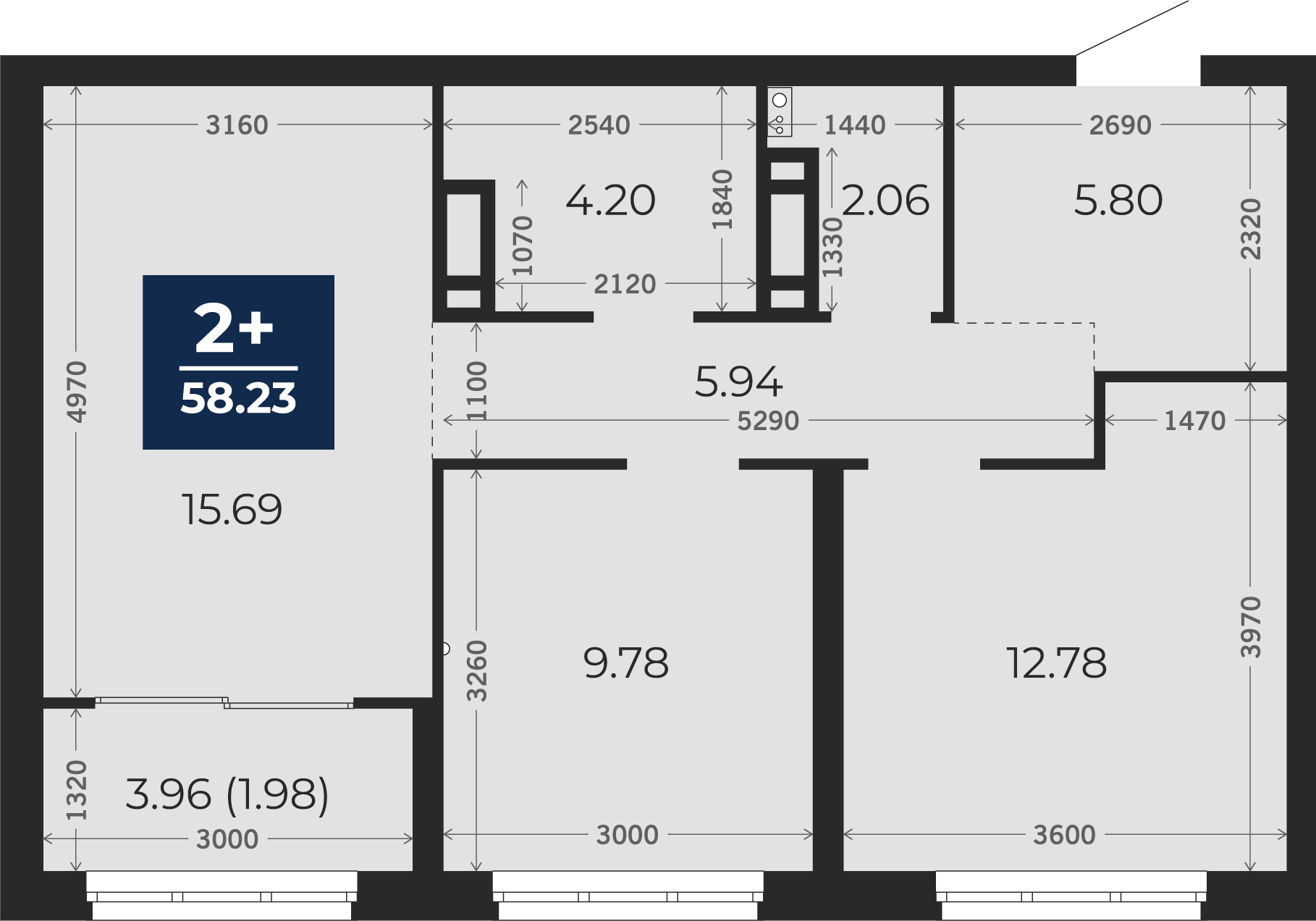 Квартира № 270, 2-комнатная, 58.23 кв. м, 10 этаж