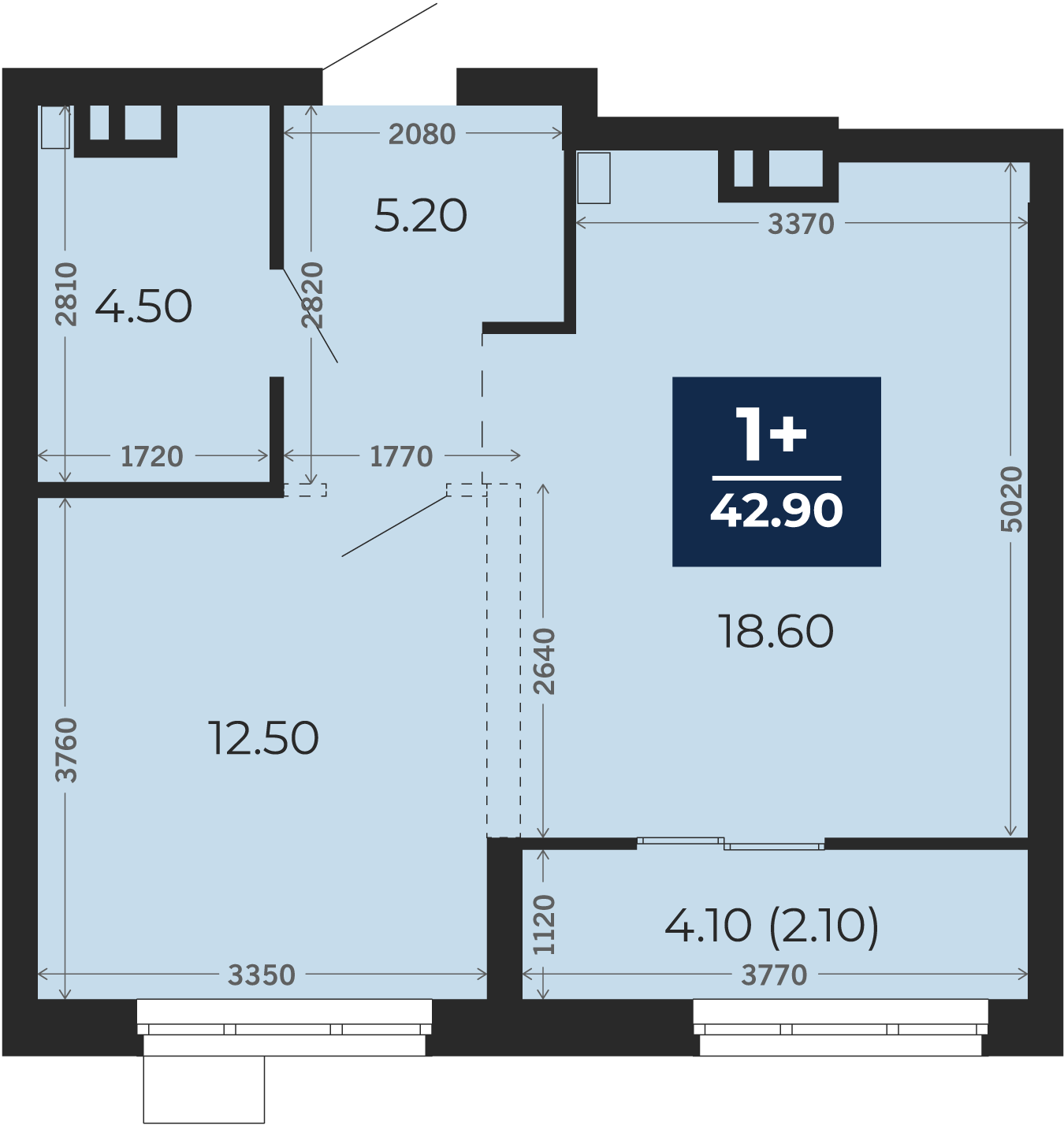 Квартира № 460, 1-комнатная, 42.9 кв. м, 7 этаж