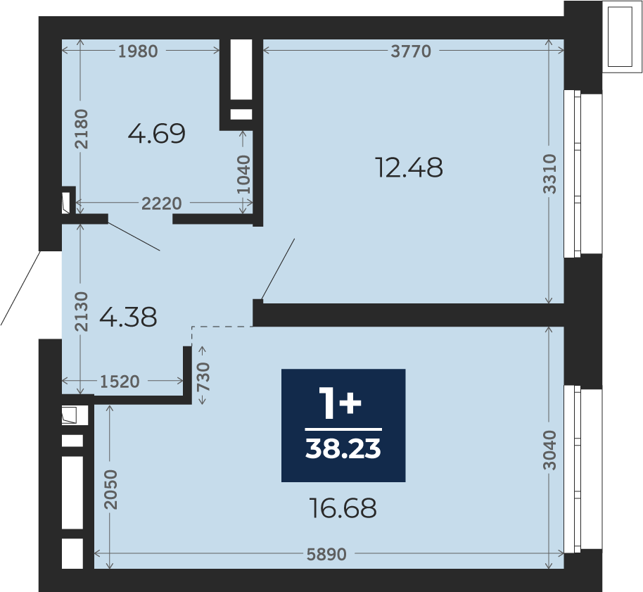 Квартира № 1, 1-комнатная, 38.23 кв. м, 1 этаж