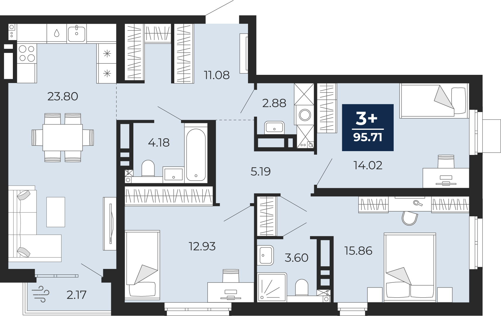 Планировка: 4-комнатная евро 95.7 м² в ЖК Прео, Тюменская слобода