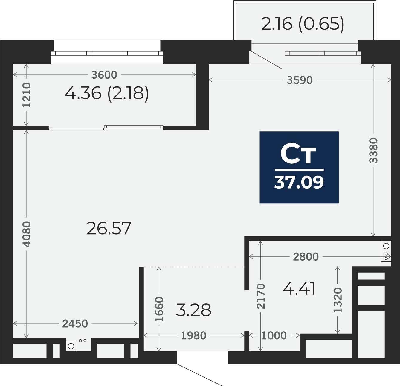 Квартира № 206, Студия, 37.09 кв. м, 9 этаж