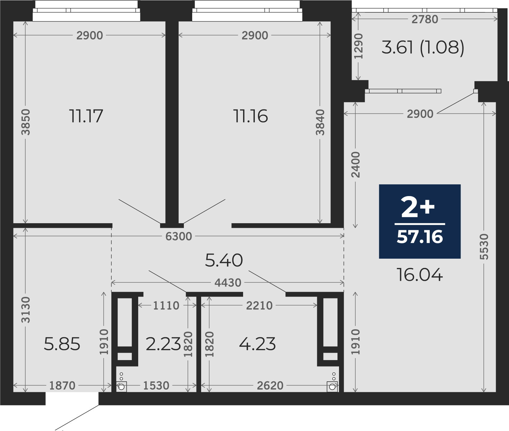 Квартира № 314, 2-комнатная, 57.16 кв. м, 21 этаж