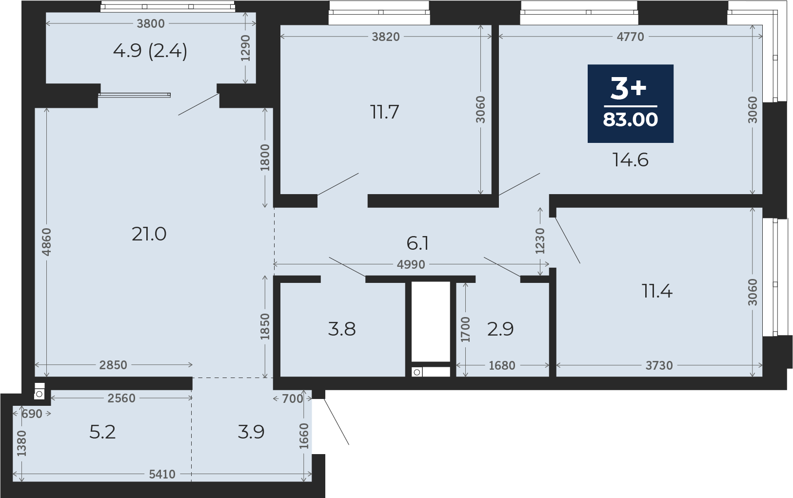 Квартира № 49, 3-комнатная, 83 кв. м, 8 этаж