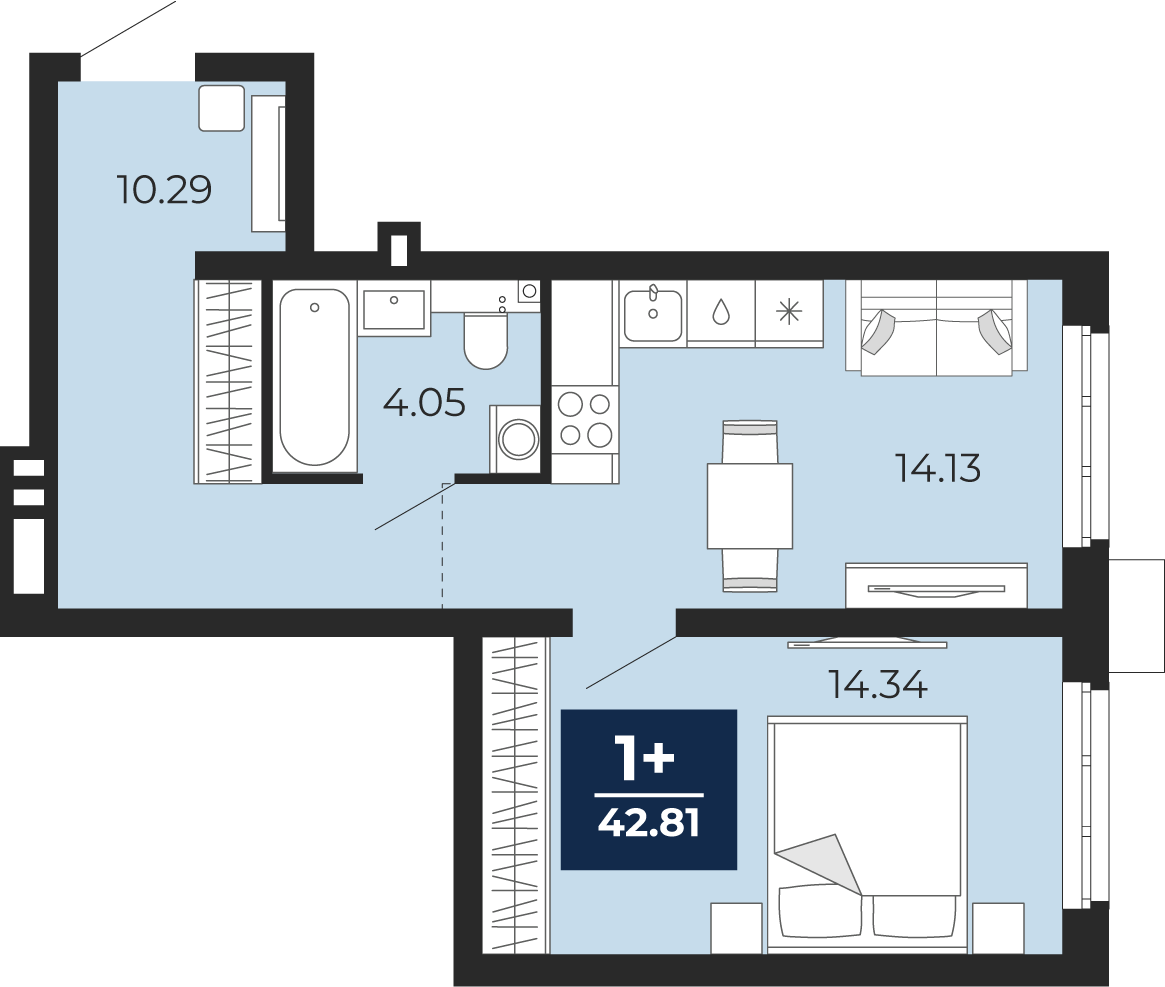 Квартира № 92, 1-комнатная, 42.81 кв. м, 1 этаж