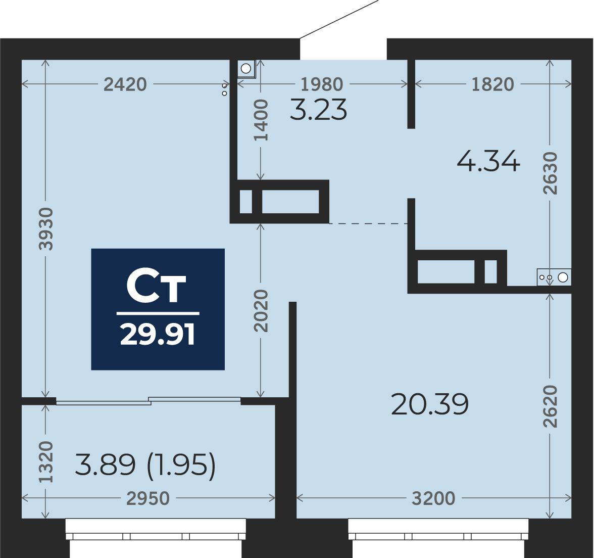 Квартира № 55, Студия, 29.91 кв. м, 12 этаж