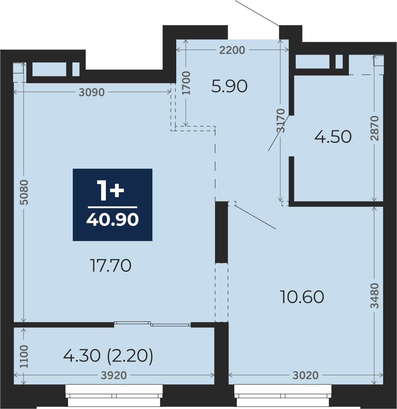Квартира № 414, 1-комнатная, 40.9 кв. м, 13 этаж