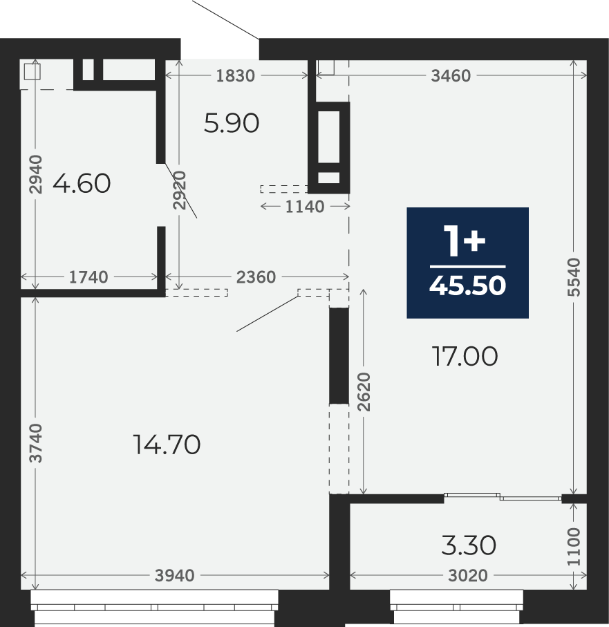 Квартира № 413, 1-комнатная, 45.5 кв. м, 13 этаж