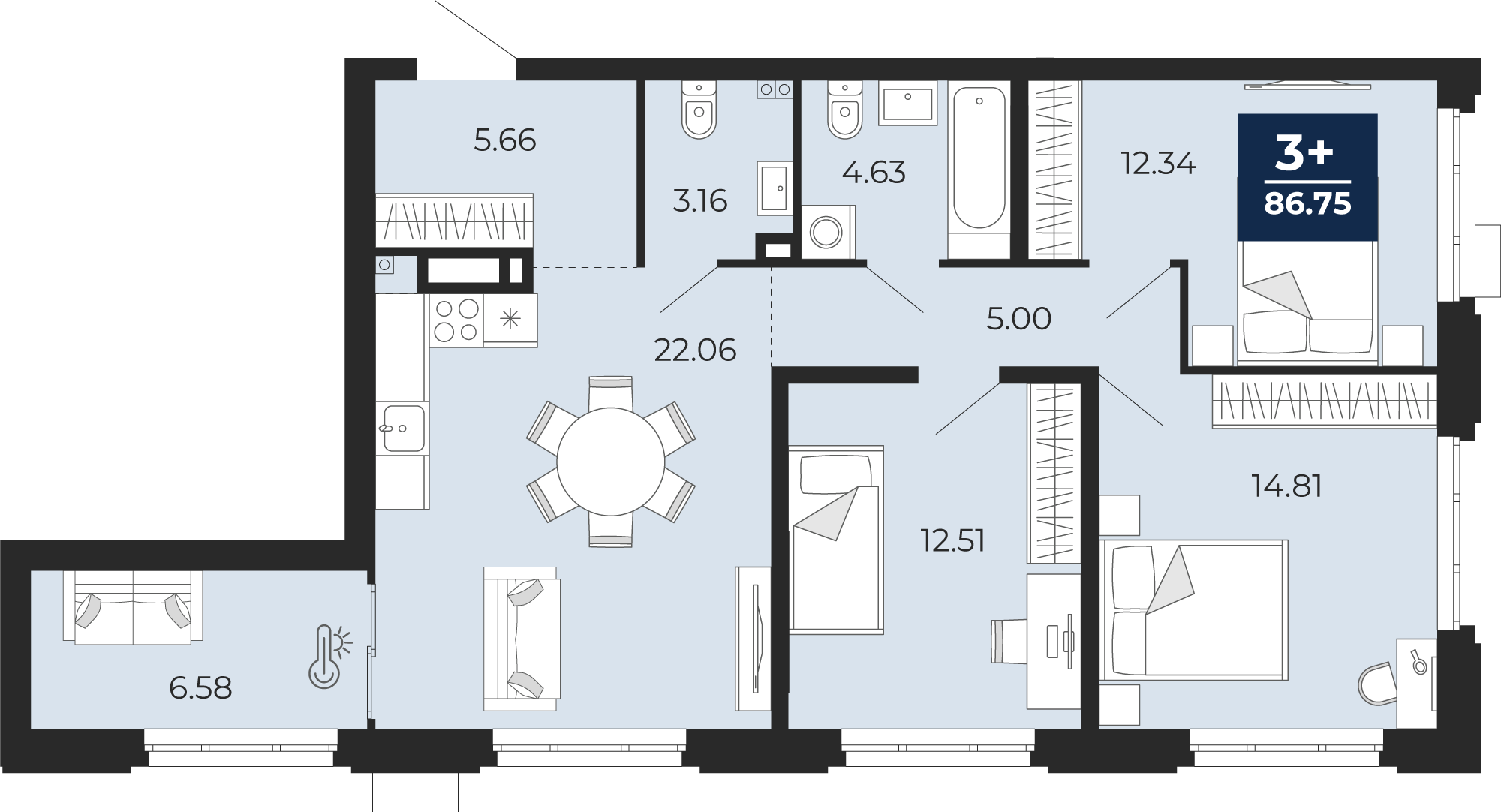 Квартира № 294, 3-комнатная, 86.75 кв. м, 2 этаж