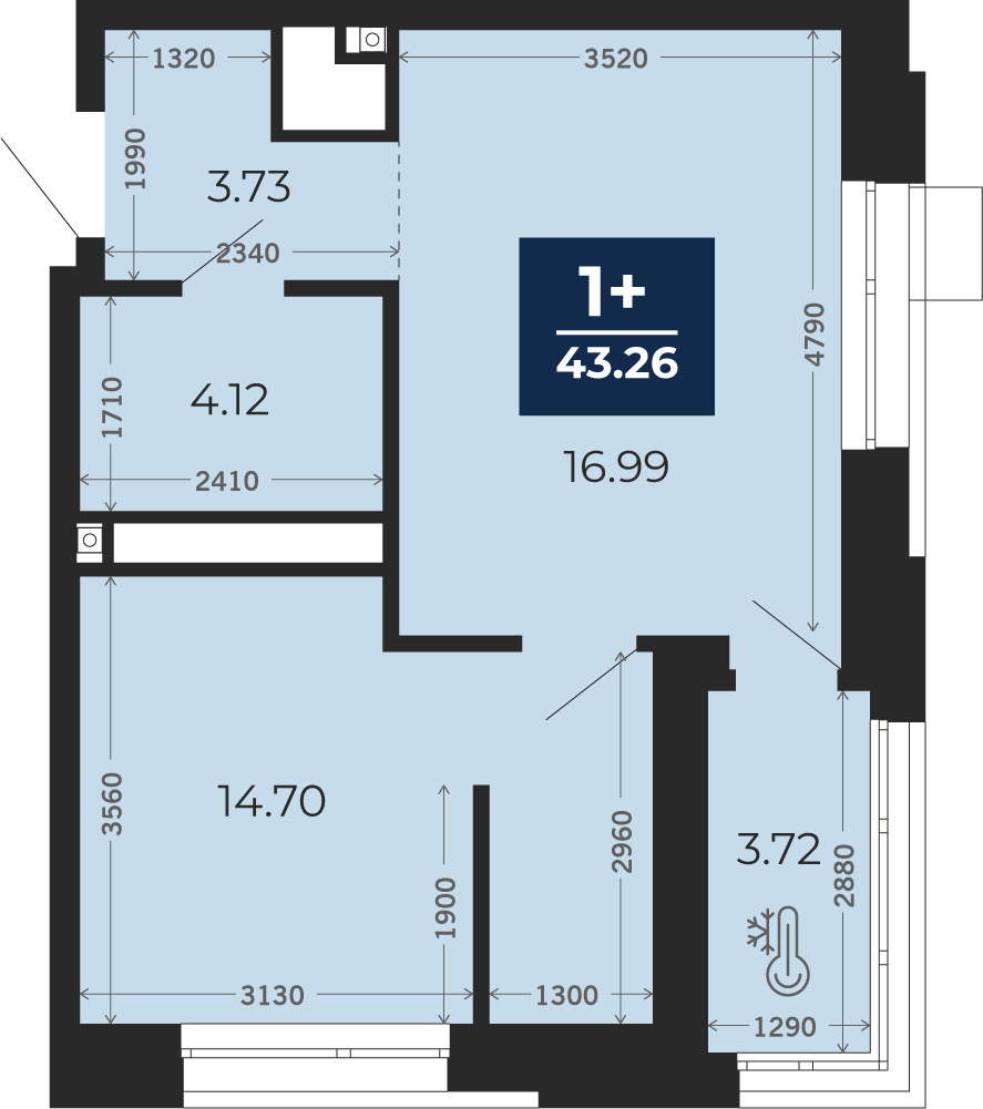 Квартира № 3, 1-комнатная, 43.26 кв. м, 2 этаж