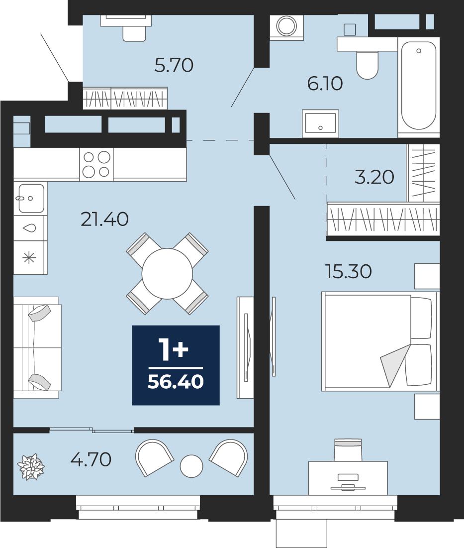 Квартира № 116, 1-комнатная, 56.4 кв. м, 4 этаж