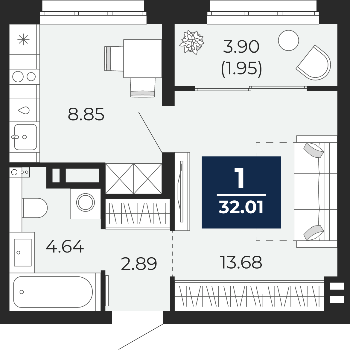 Квартира № 284, 1-комнатная, 32.01 кв. м, 10 этаж