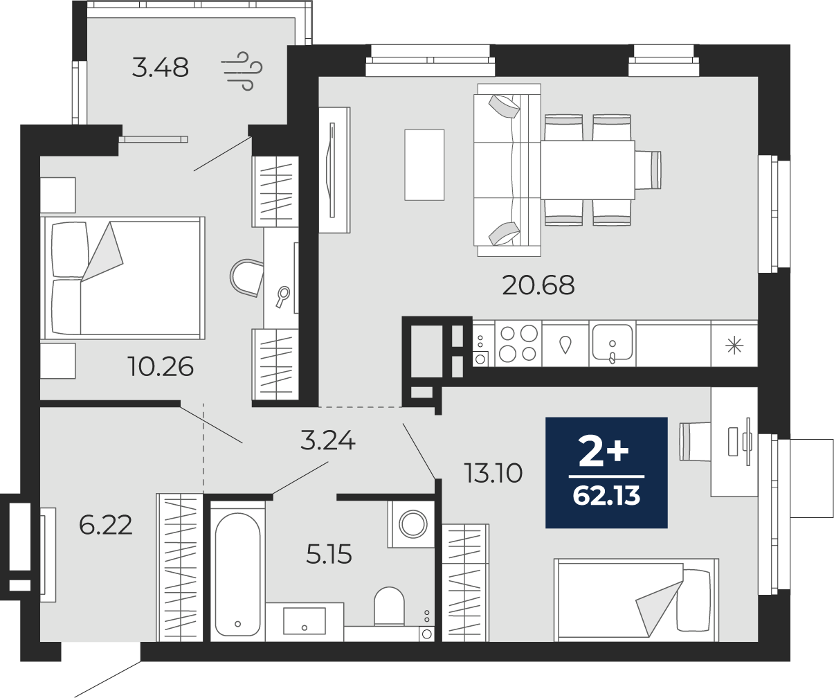 Квартира № 3, 2-комнатная, 59.69 кв. м, 2 этаж