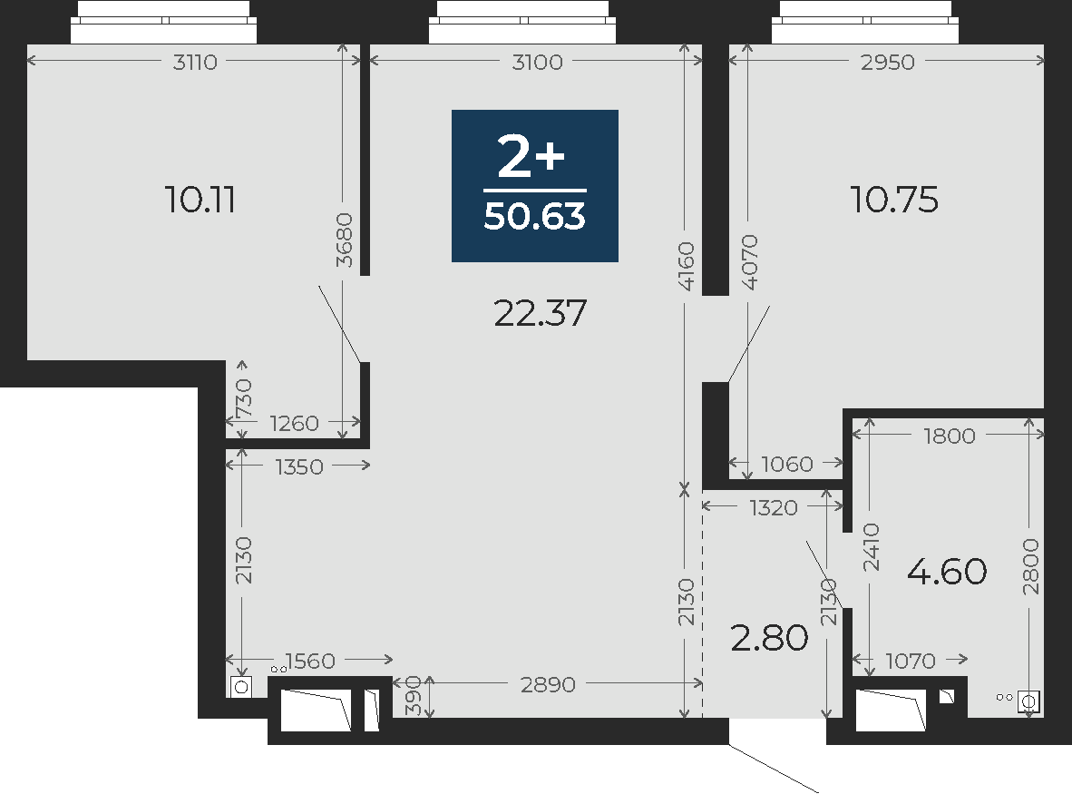 Квартира № 311, 2-комнатная, 50.63 кв. м, 24 этаж