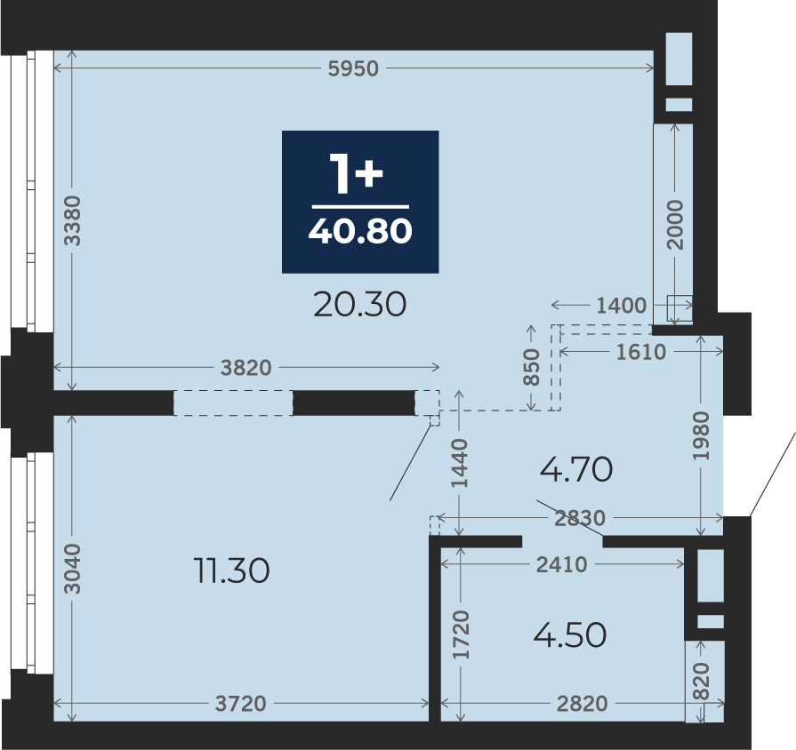 Квартира № 421, 1-комнатная, 40.8 кв. м, 6 этаж