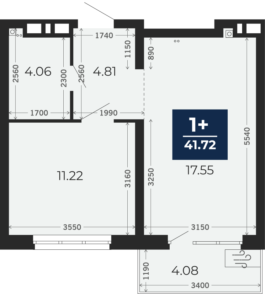 Квартира № 3, 1-комнатная, 38.86 кв. м, 2 этаж