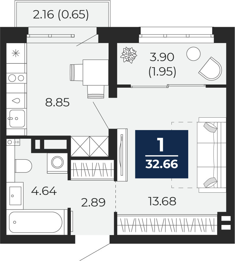 Квартира № 244, 1-комнатная, 32.66 кв. м, 5 этаж