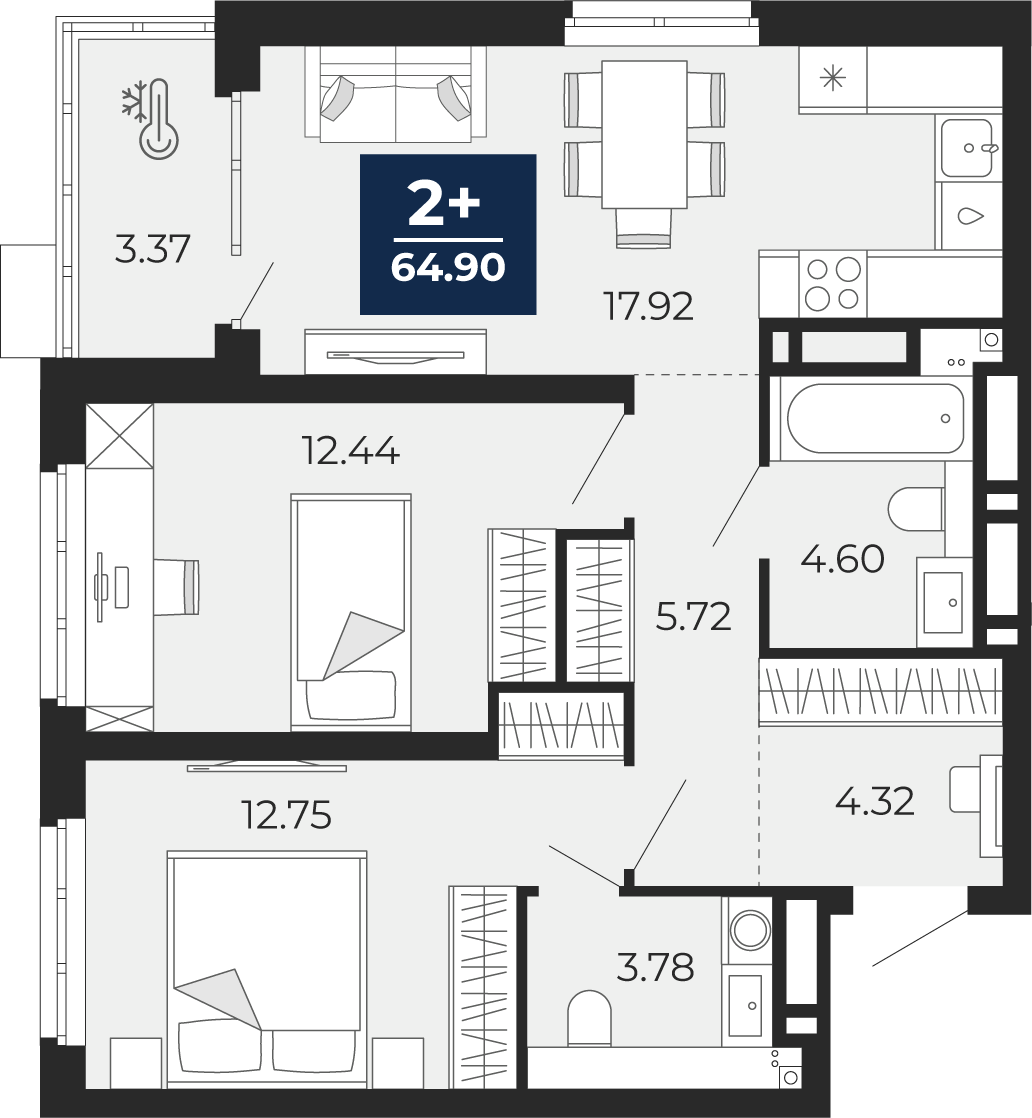 Планировка: Евротрешка 64.9 м² в ЖК Прео, Тюменская слобода