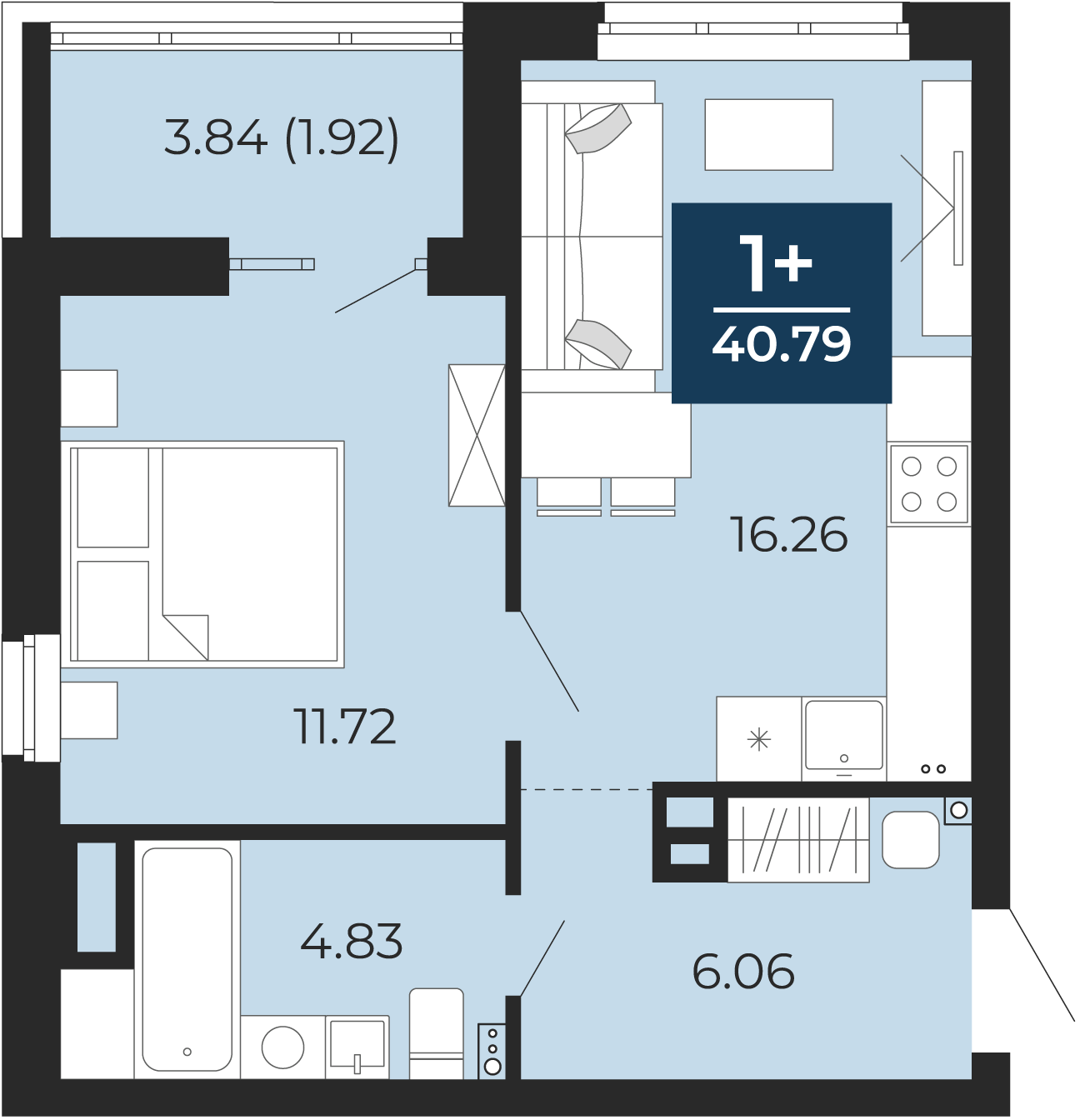 Квартира № 10, 1-комнатная, 40.79 кв. м, 2 этаж