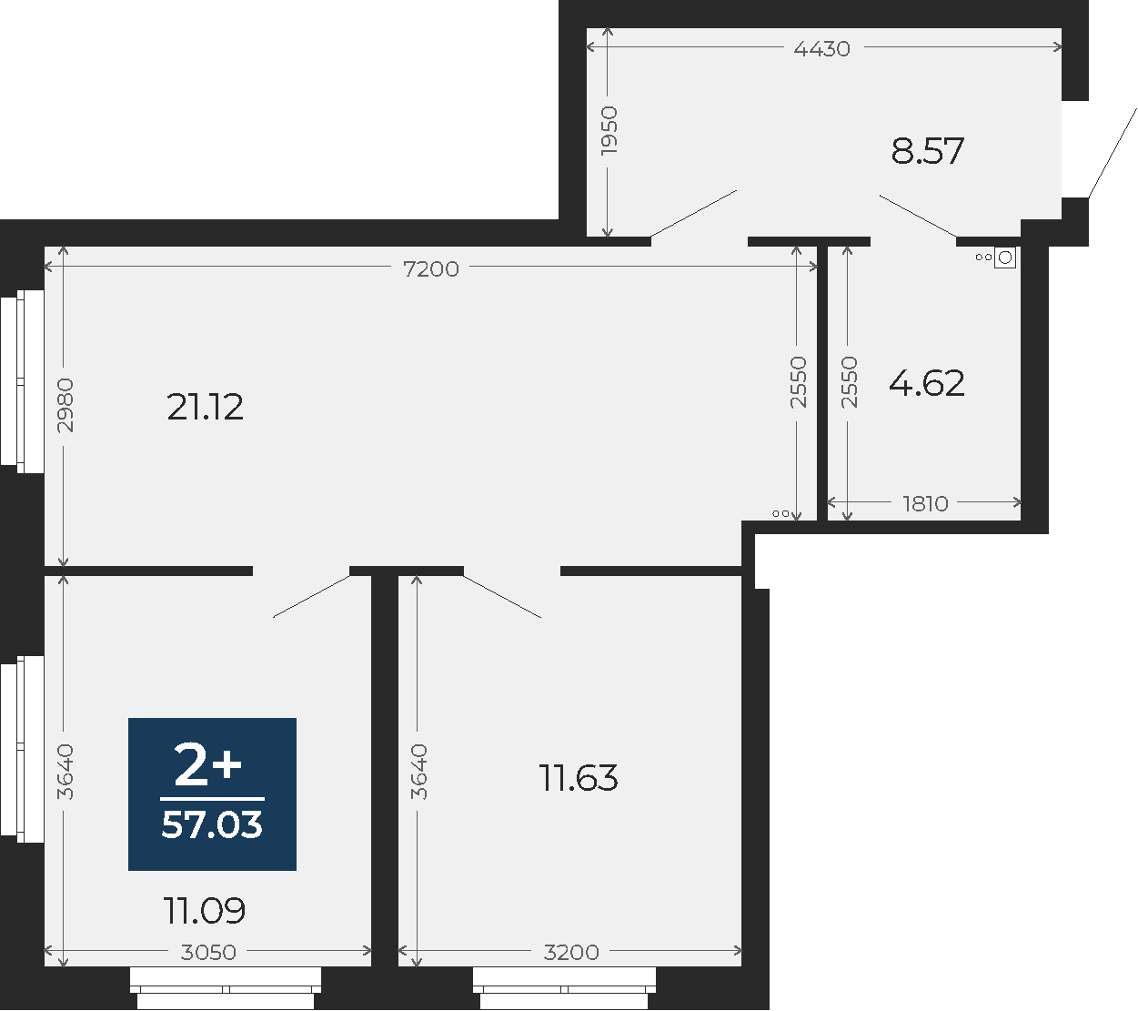 Квартира № 238, 2-комнатная, 57.03 кв. м, 18 этаж