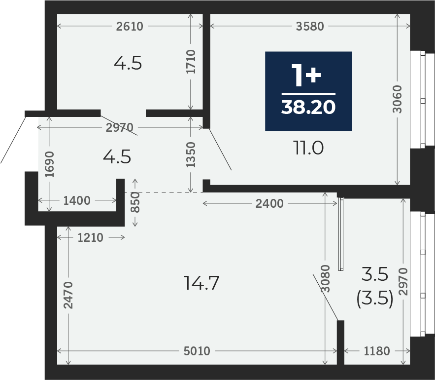 Квартира № 99, 1-комнатная, 38.2 кв. м, 10 этаж