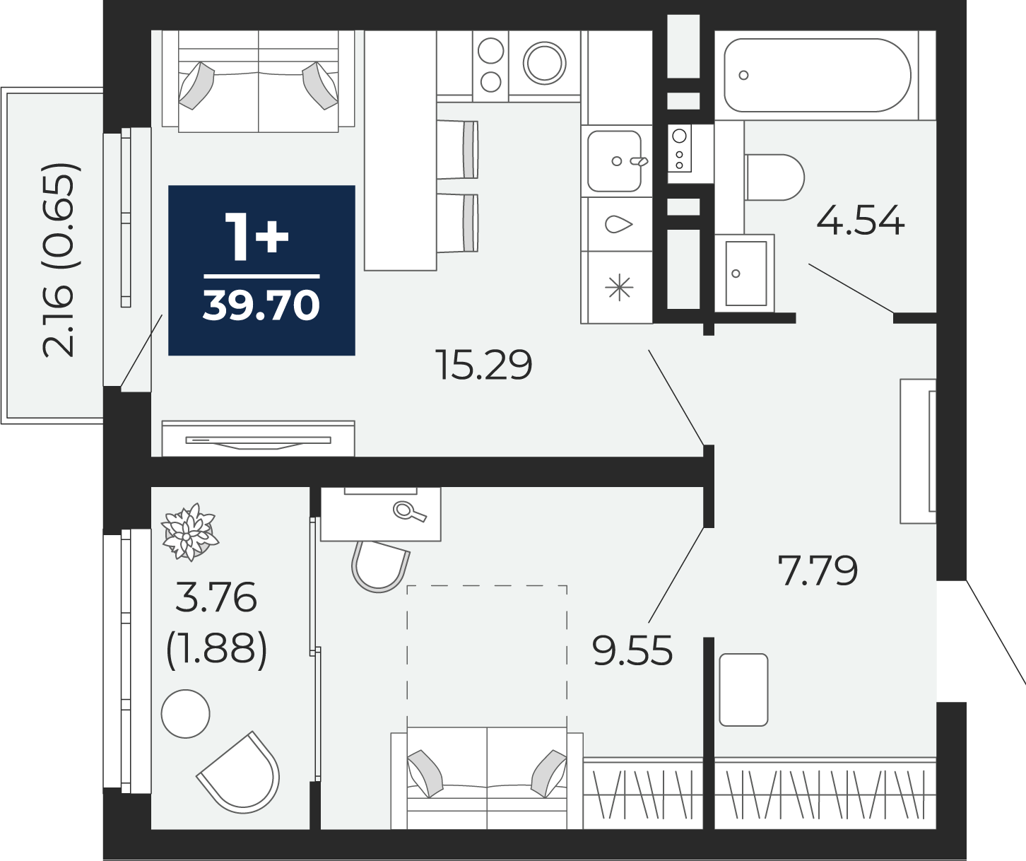 Квартира № 104, 1-комнатная, 39.7 кв. м, 11 этаж