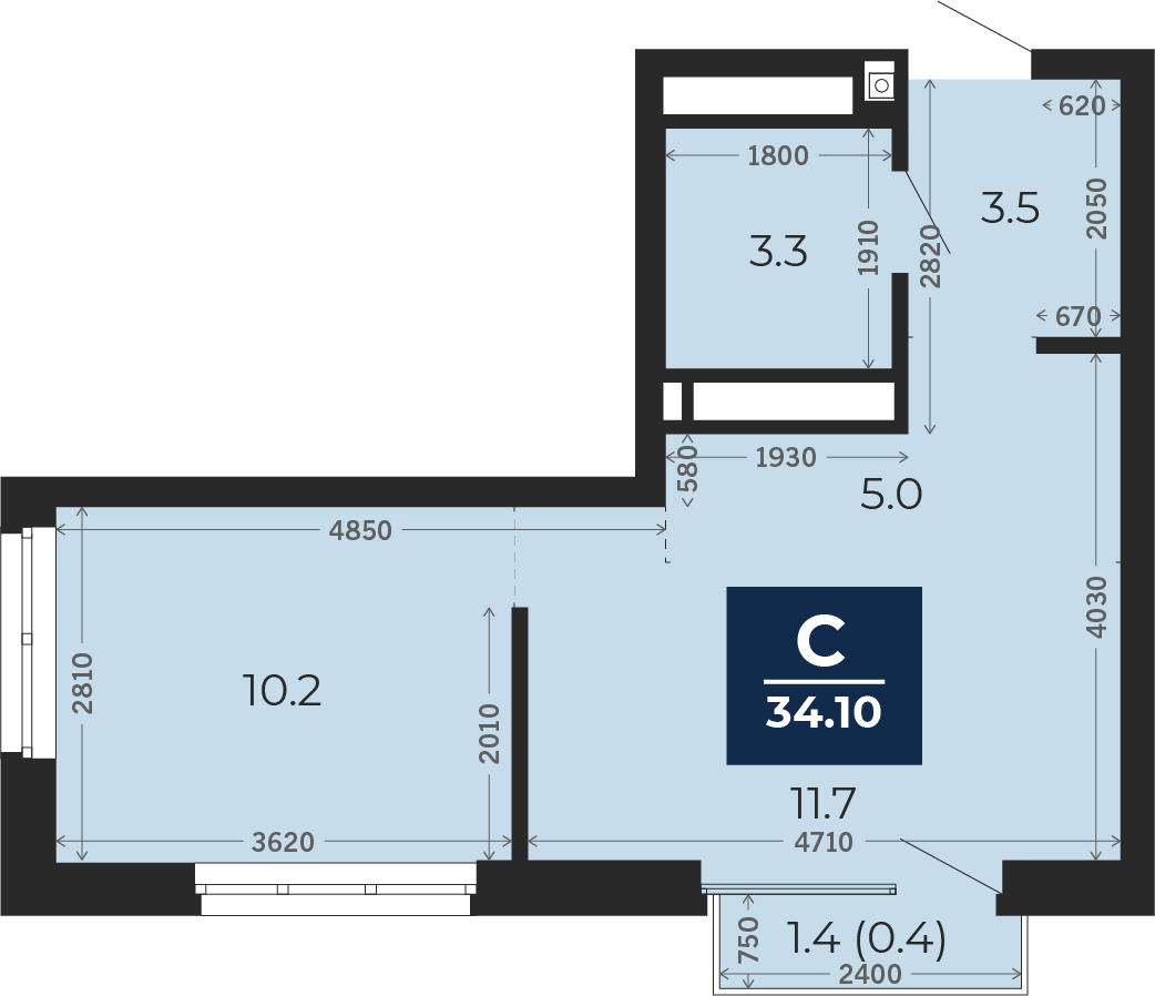 Квартира № 77, Студия, 34.1 кв. м, 15 этаж