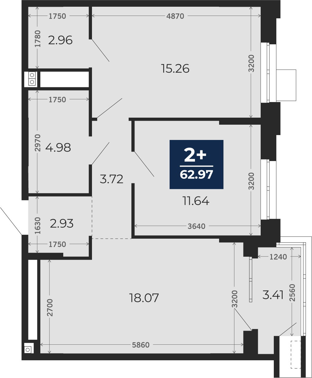 Квартира № 123, 2-комнатная, 62.97 кв. м, 7 этаж