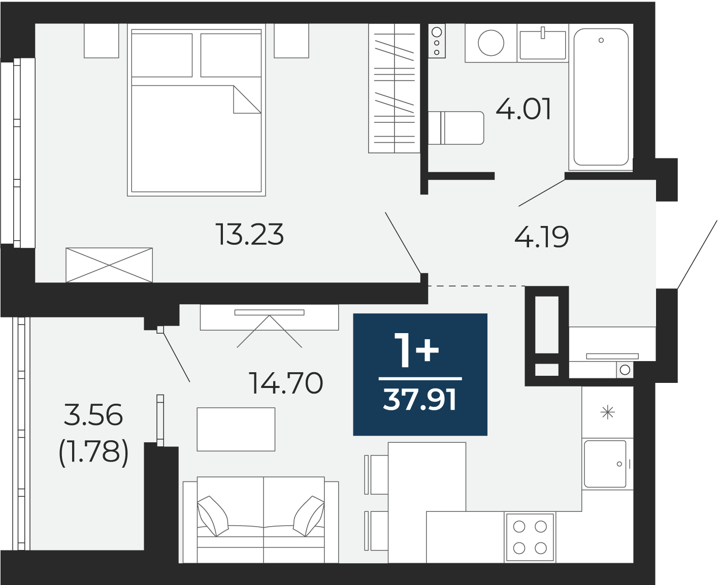 Квартира № 144, 1-комнатная, 37.91 кв. м, 15 этаж