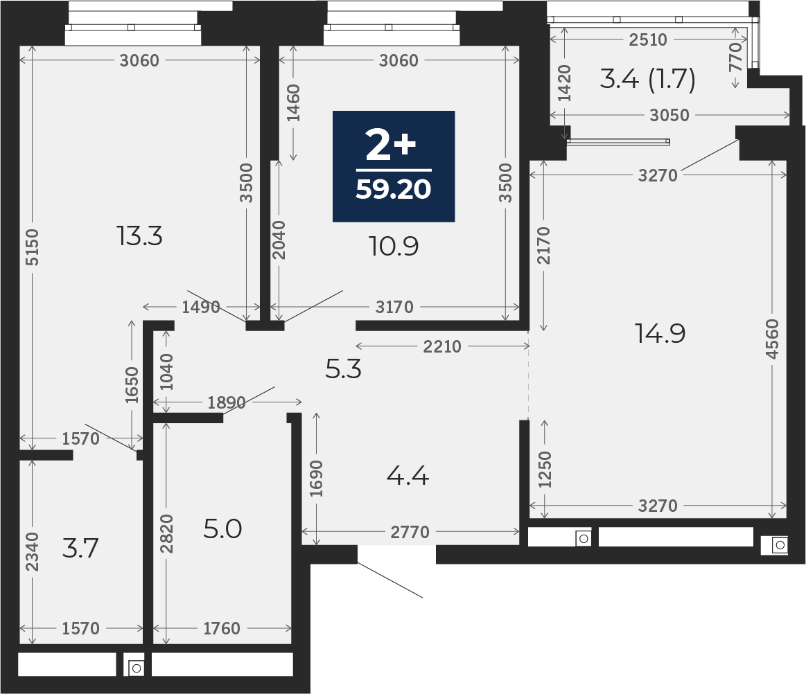 Квартира № 121, 2-комнатная, 59.2 кв. м, 2 этаж