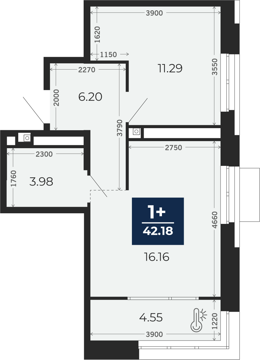 Квартира № 171, 1-комнатная, 42.18 кв. м, 7 этаж