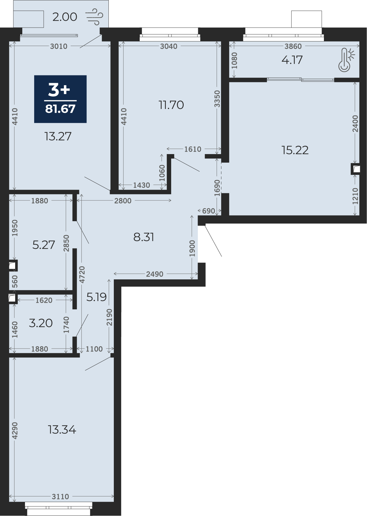 Квартира № 535, 3-комнатная, 80.27 кв. м, 2 этаж