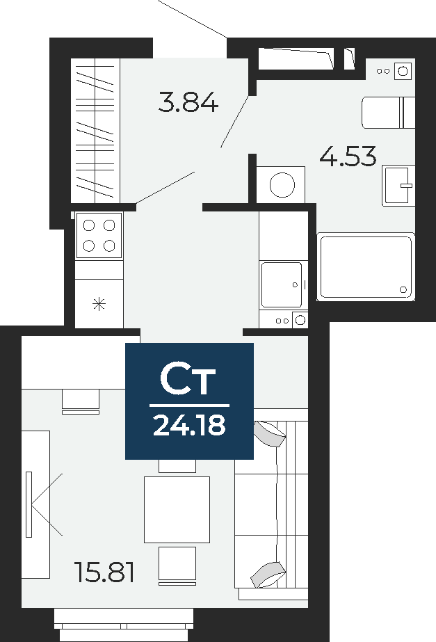 Квартира № 220, Студия, 24.18 кв. м, 17 этаж