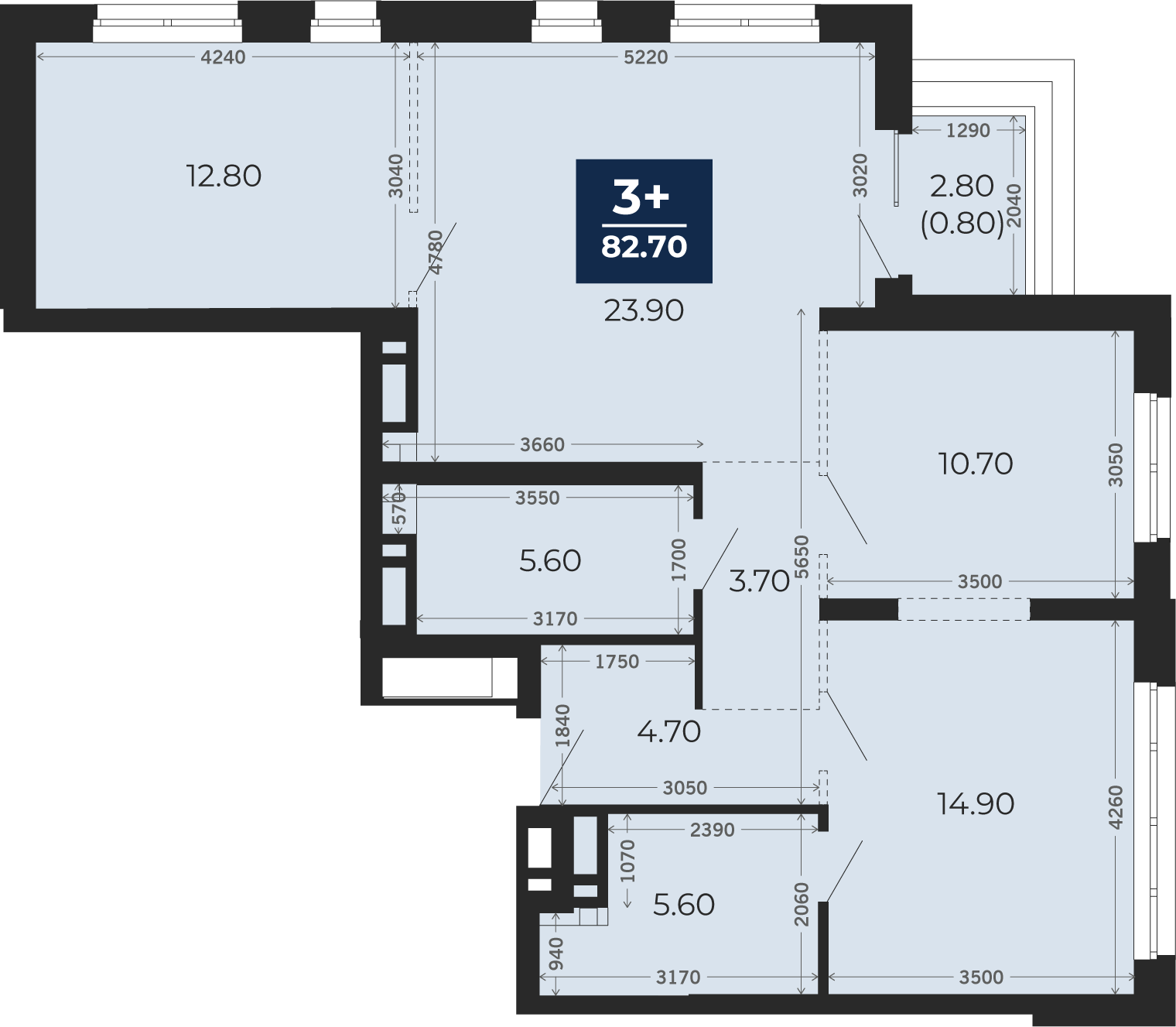 Квартира № 118, 3-комнатная, 82.7 кв. м, 15 этаж