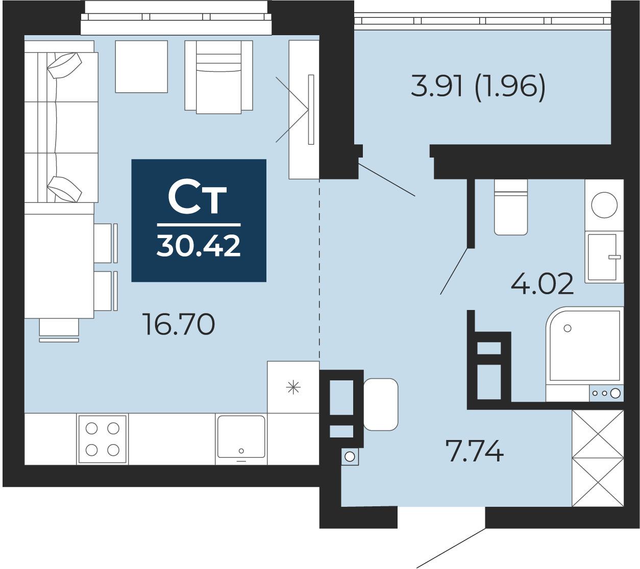 Квартира № 339, Студия, 30.42 кв. м, 8 этаж