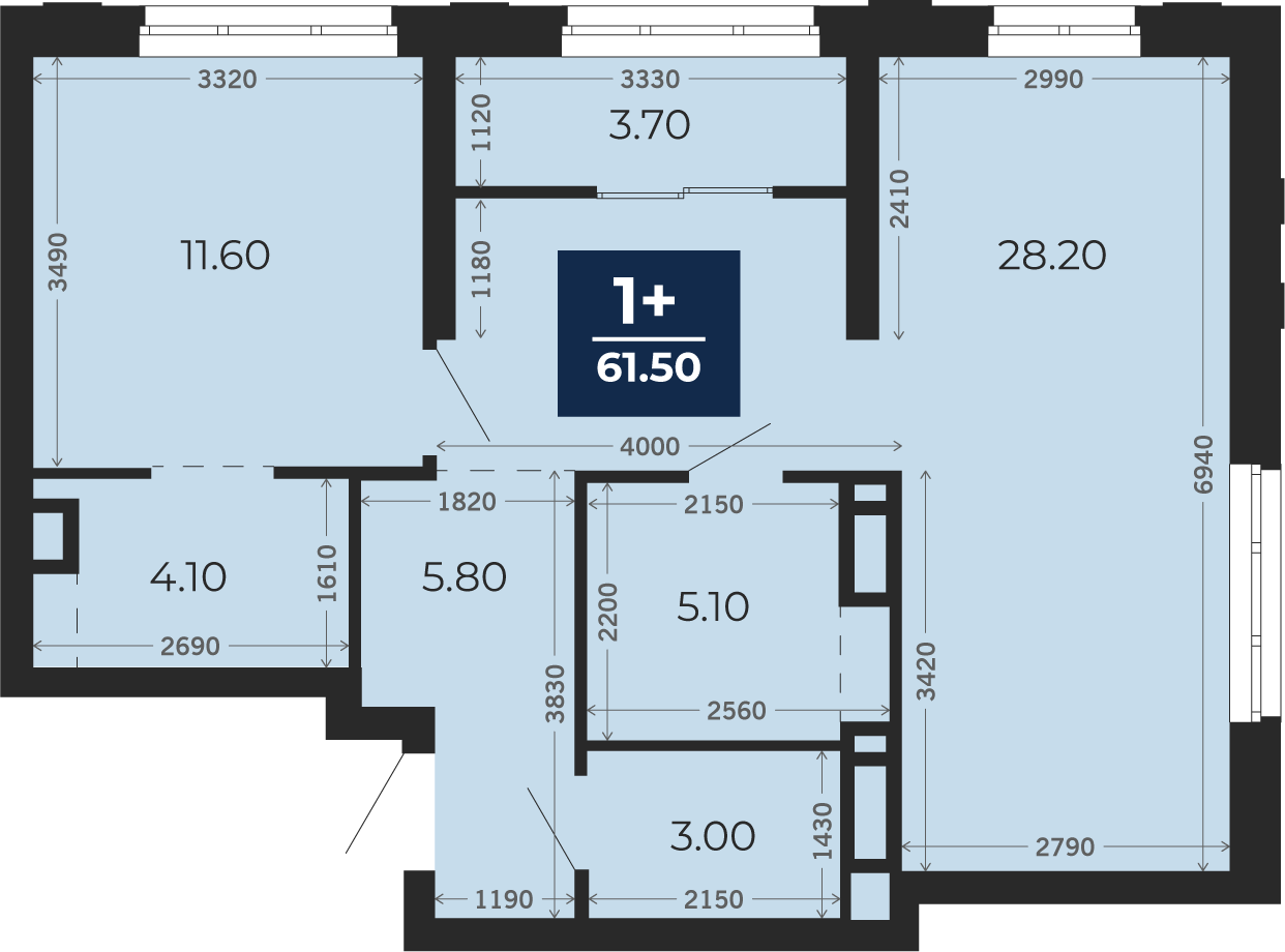 Квартира № 355, 1-комнатная, 61.5 кв. м, 18 этаж