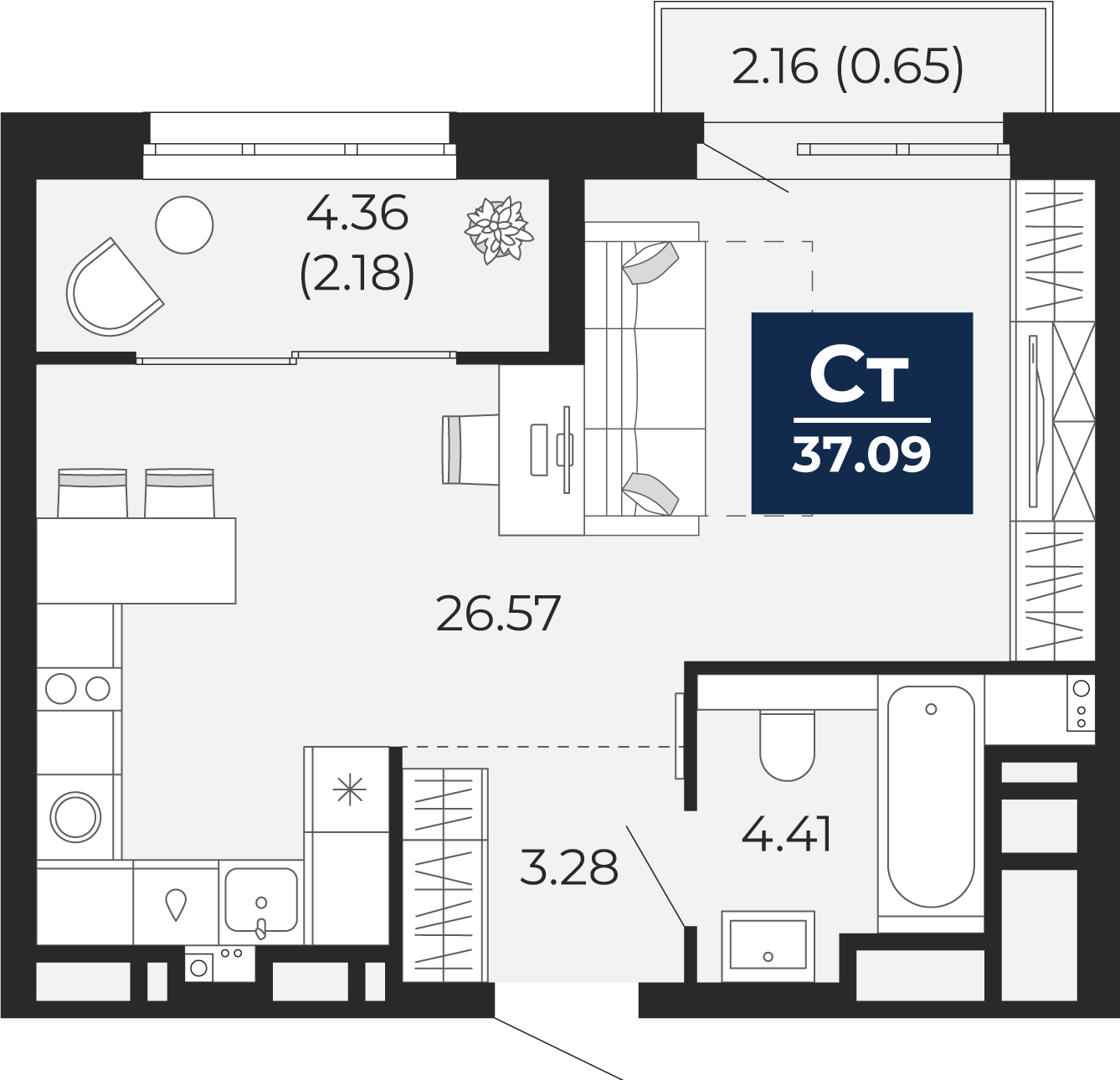 Квартира № 206, Студия, 40.78 кв. м, 9 этаж