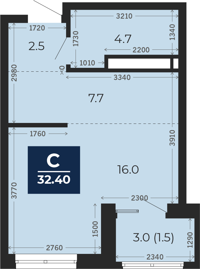 Квартира № 101, Студия, 32.4 кв. м, 14 этаж