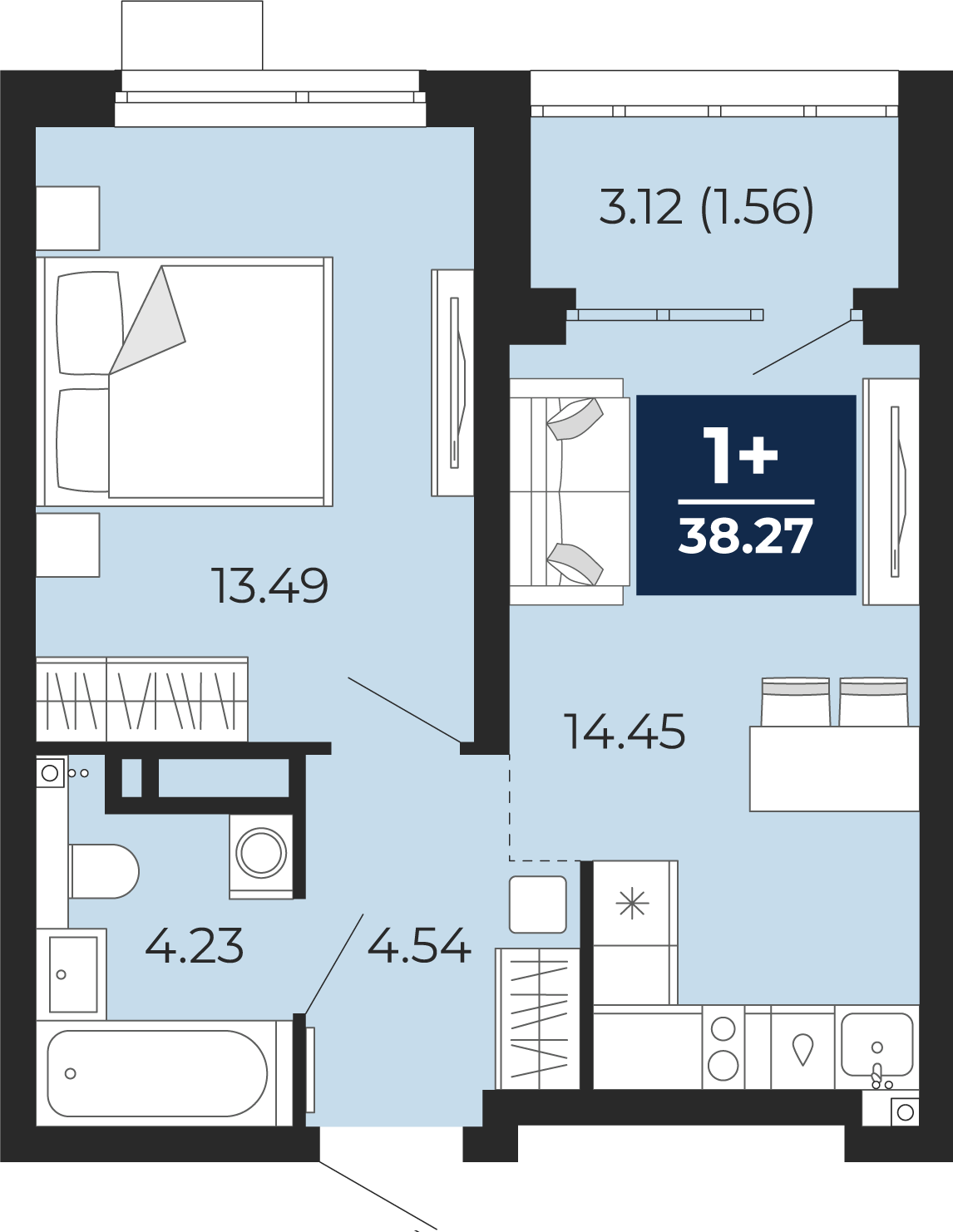 Квартира № 120, 1-комнатная, 38.27 кв. м, 2 этаж