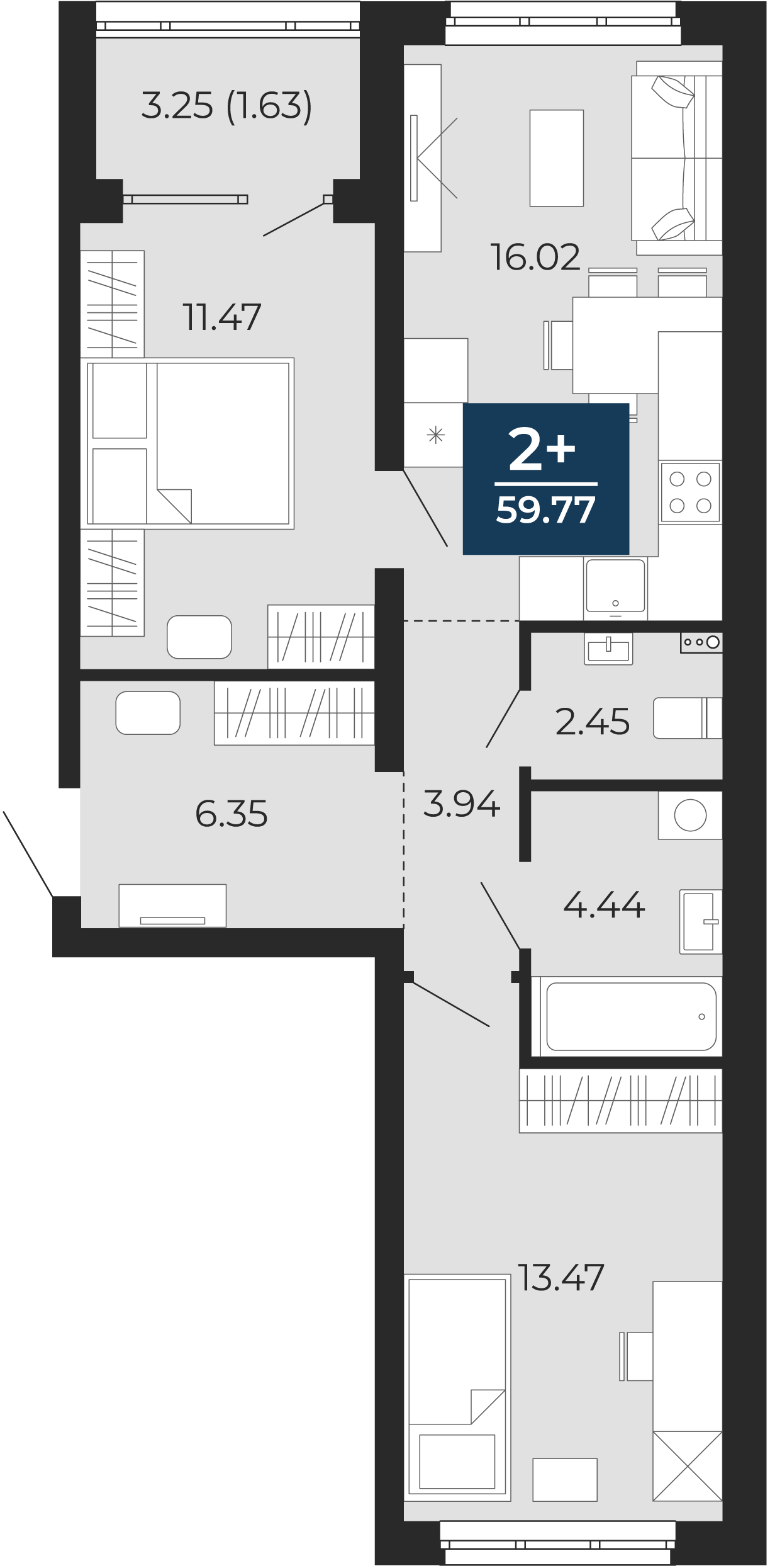 Квартира № 110, 2-комнатная, 59.77 кв. м, 2 этаж