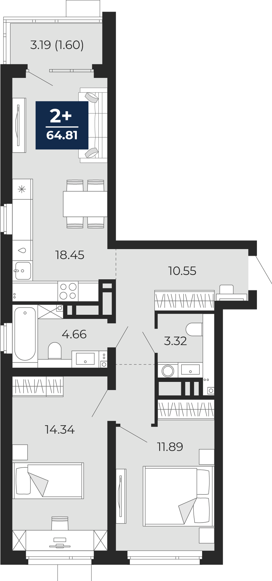 Квартира № 235, 2-комнатная, 64.81 кв. м, 19 этаж