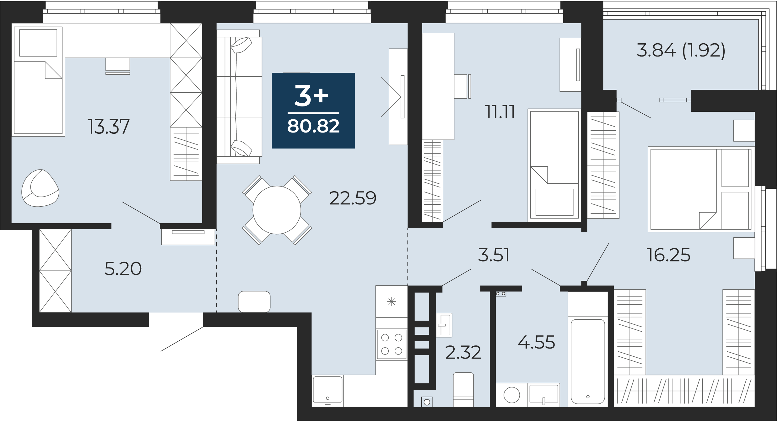 Квартира № 421, 3-комнатная, 80.82 кв. м, 14 этаж
