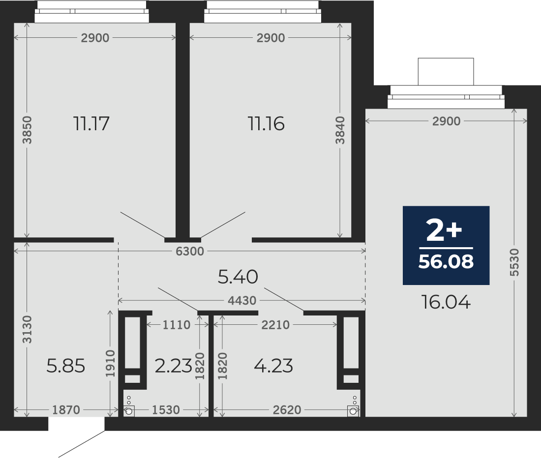 Квартира № 234, 2-комнатная, 56.08 кв. м, 13 этаж