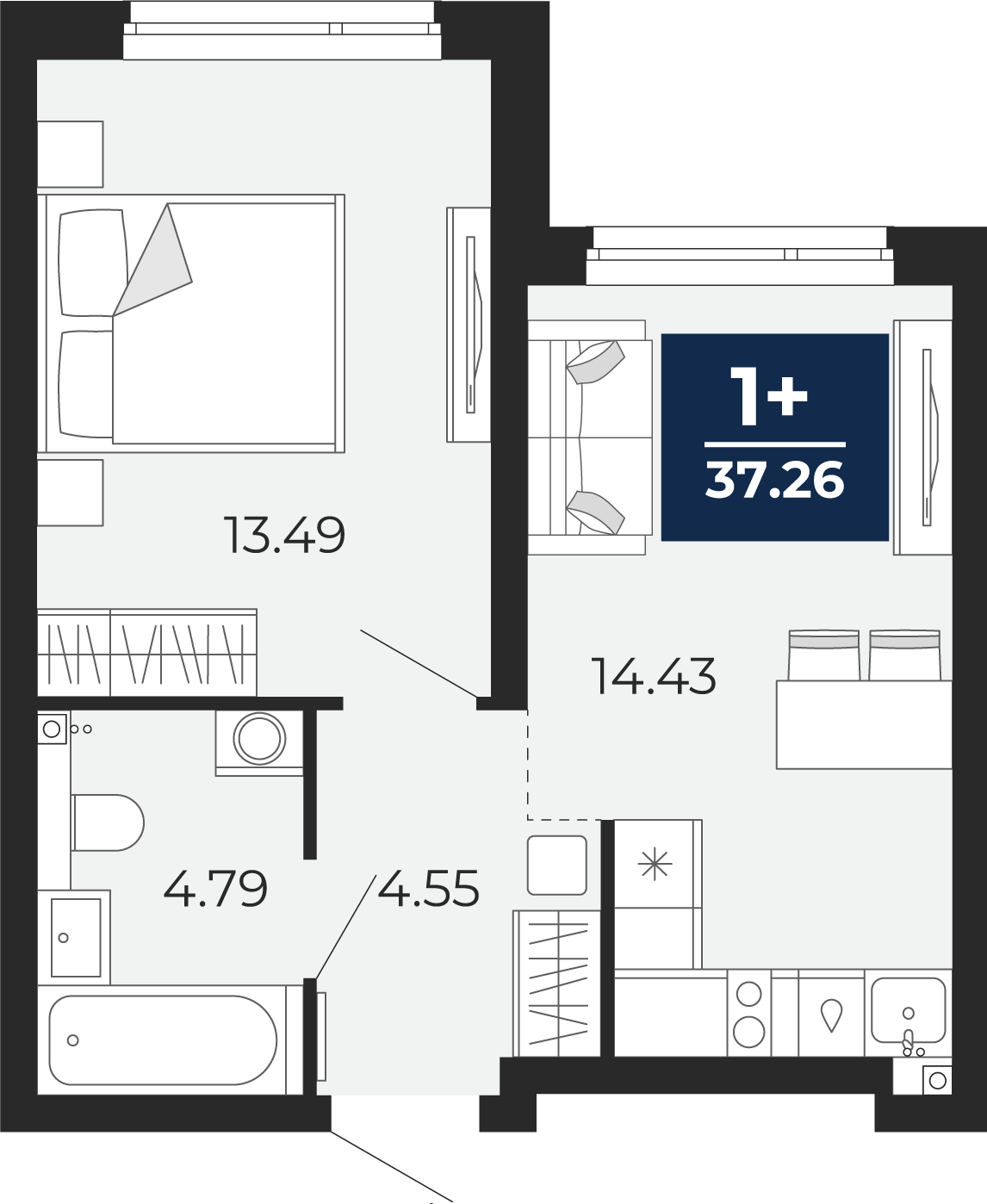 Квартира № 115, 1-комнатная, 37.26 кв. м, 1 этаж