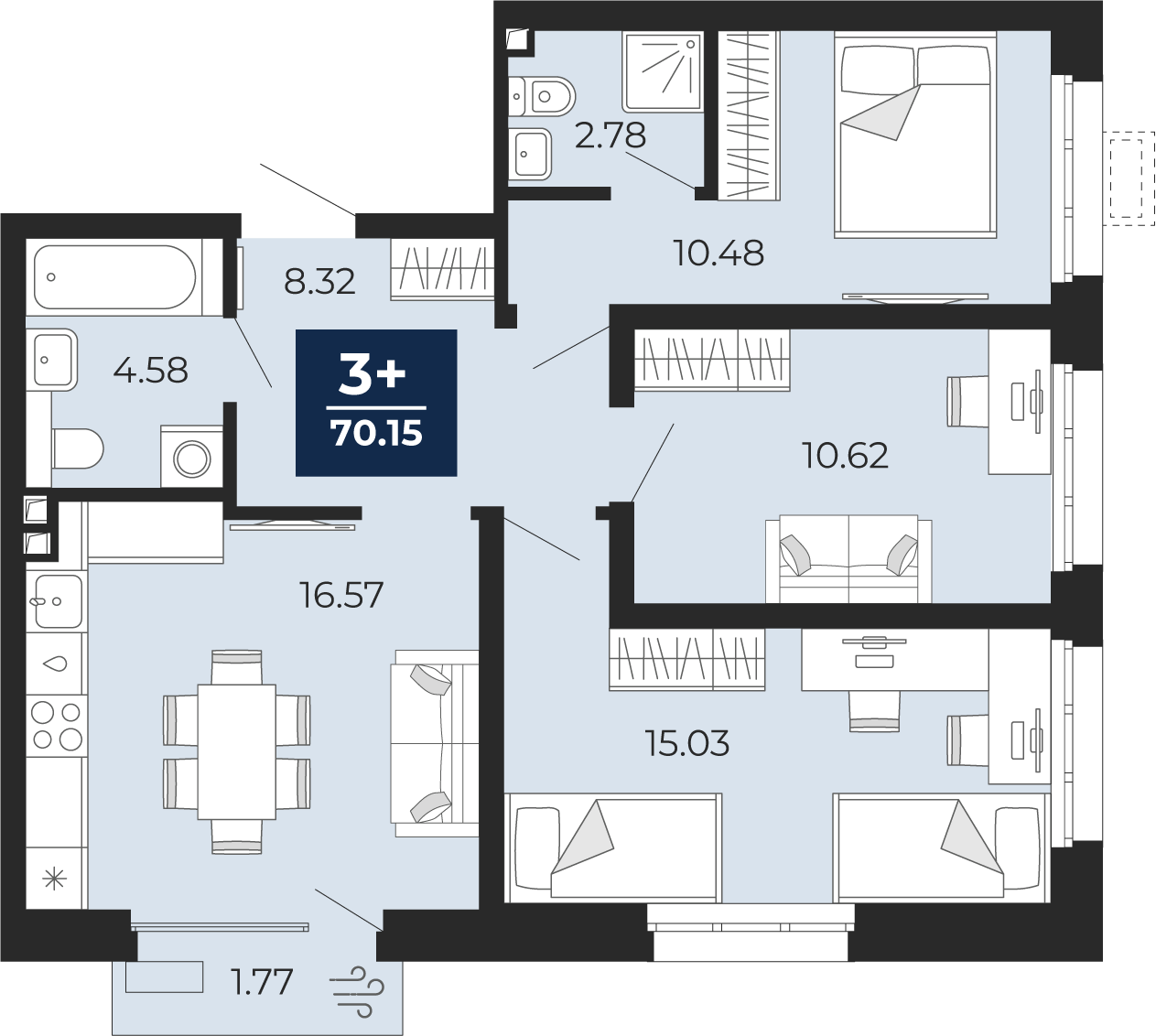 Квартира № 604, 3-комнатная, 70.15 кв. м, 2 этаж